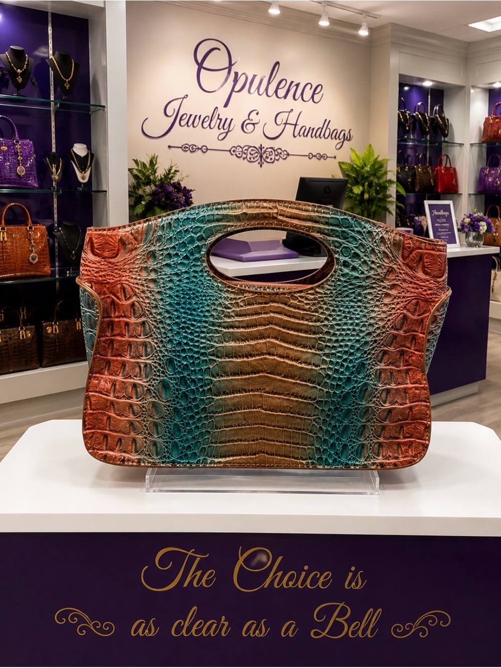 Croc-Embossed Leather Tote Bag in Teal & Copper